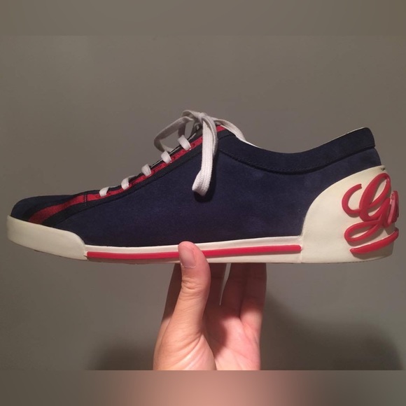 Gucci Blue Suede Script Logo Lace Up Low Sneakers Shoes size 8.5 - Picture 5 of 16